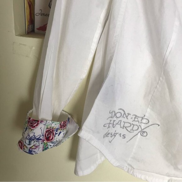 Ed Hardy NEW Vintage Logo Sequins Embroidery Shirt Floral Cotton Button Blouse S - Picture 9 of 16